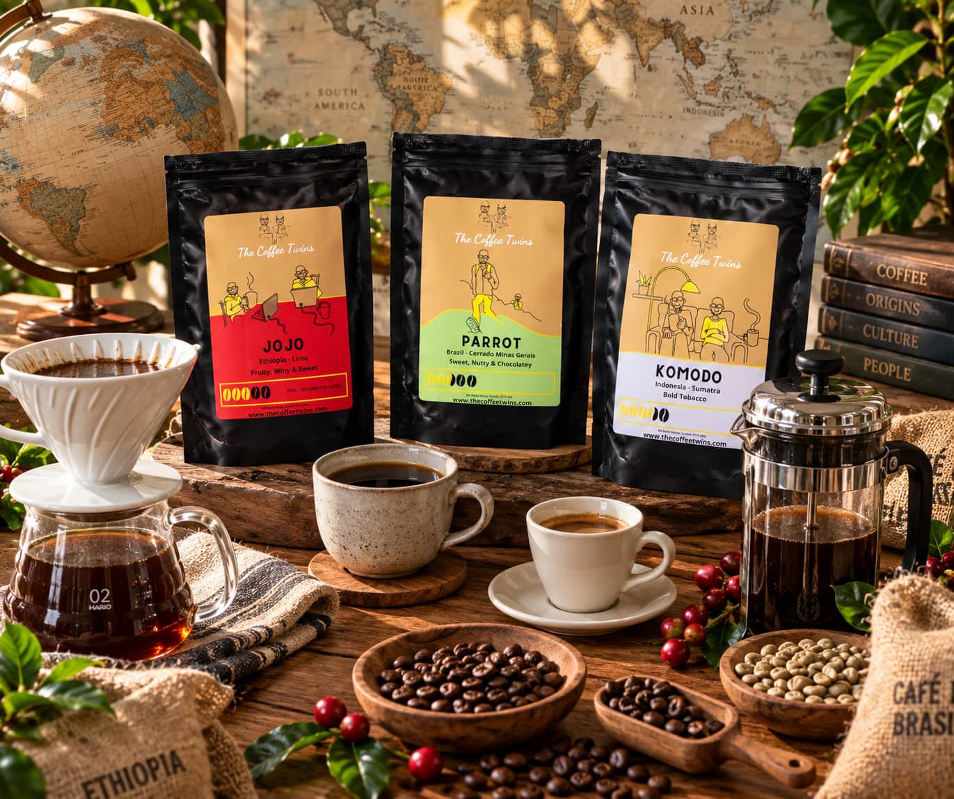 The Coffee Twins single origin coffee collection featuring Jojo Ethiopian, Parrot Brazilian and Komodo Sumatran coffees with V60, espresso and cafetière brewing.