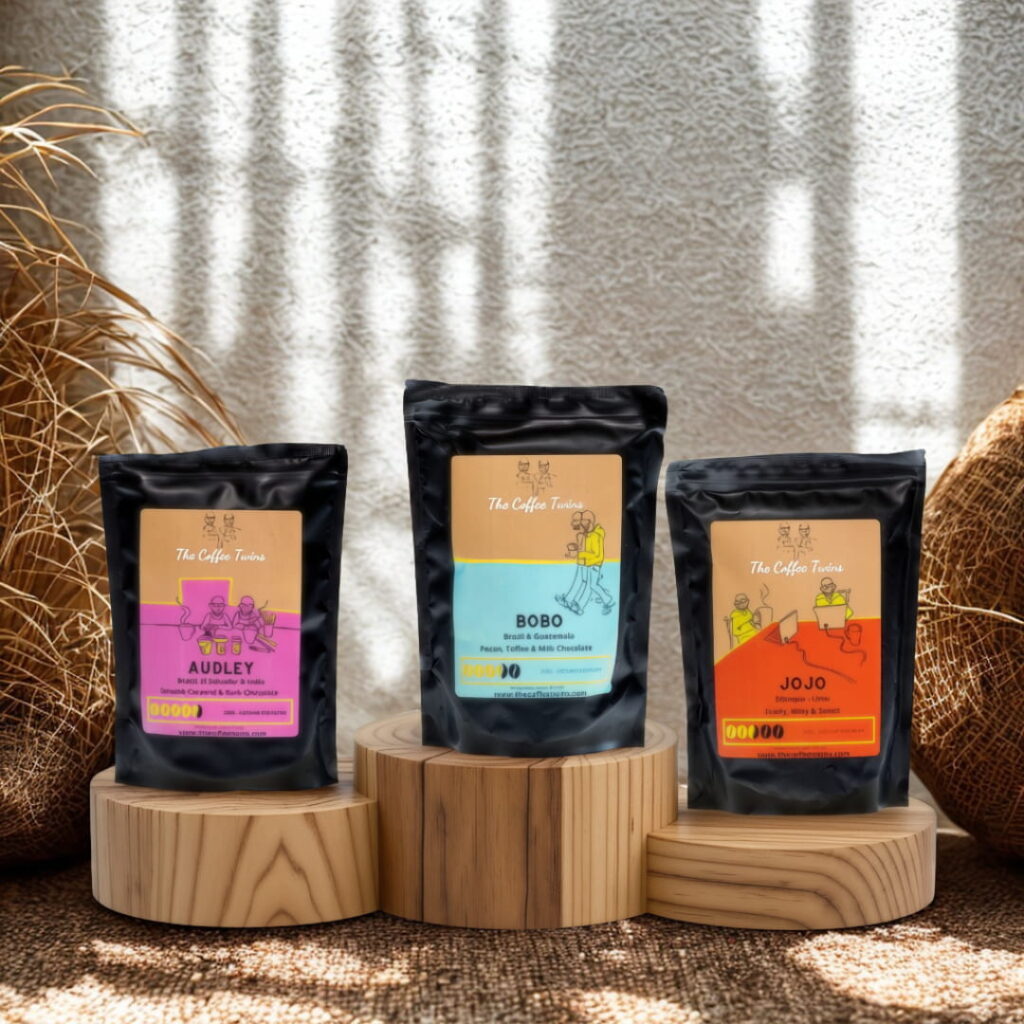 The Coffee Twins coffee tasting pack featuring Audley, Bobo and Jojo speciality coffee bags displayed on wooden stands in a warm, natural setting.