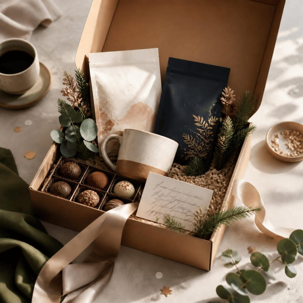 Premium coffee gift box featuring coffee bags, a ceramic cup, chocolate truffles, a handwritten card, ribbon, and fresh greenery arranged on a warm neutral background.