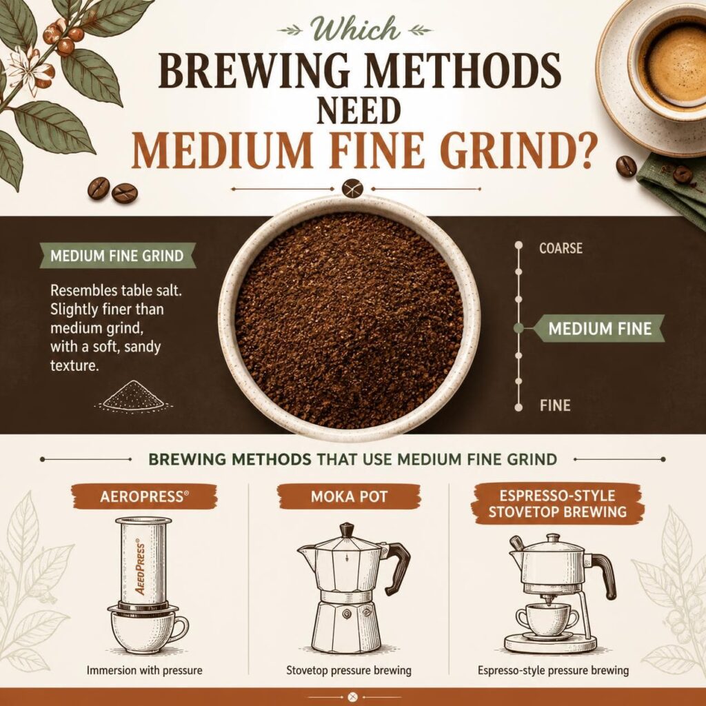 Infographic showing which brewing methods use a medium-fine coffee grind, including AeroPress, moka pot and espresso-style stovetop brewing, with a visual guide to grind size.