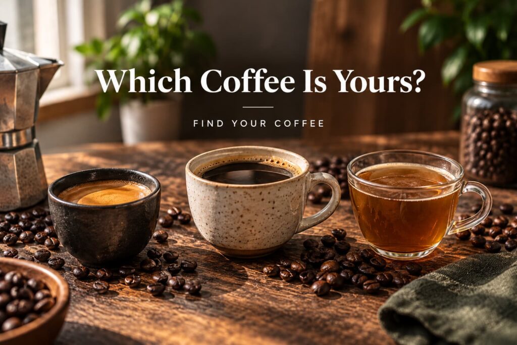 Three different coffees served in cups on a rustic wooden table with scattered coffee beans and brewing equipment, illustrating different coffee flavours and roast profiles.