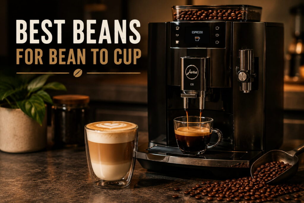 Best coffee beans for bean-to-cup machines, with fresh coffee beans beside a modern bean-to-cup coffee machine brewing espresso and a creamy latte.