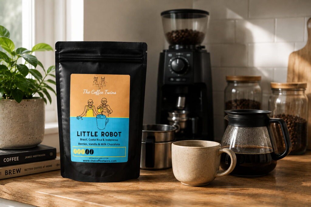 Little Robot coffee beans and brewing equipment arranged on a warm wooden kitchen countertop, with a freshly brewed coffee and The Coffee Twins coffee bag.