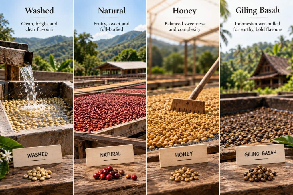 Coffee processing methods compared, showing washed, natural, honey and Indonesian Giling Basah techniques and their distinct single origin coffee flavour profiles.