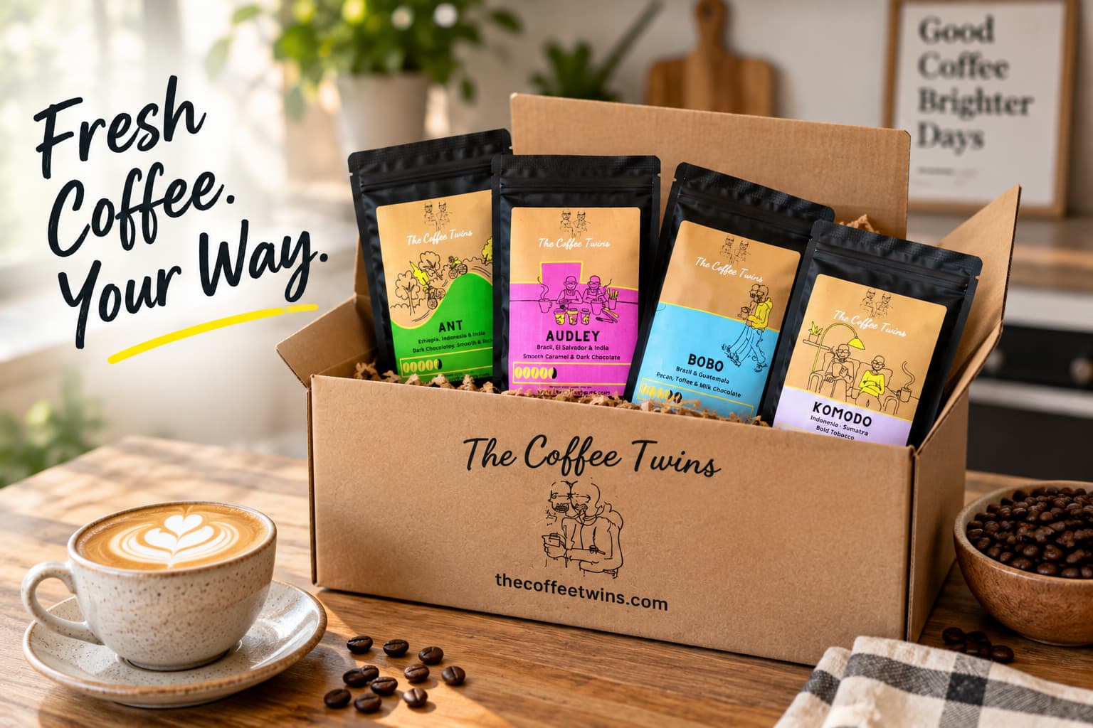 The Coffee Twins coffee subscription box with Ant, Audley, Bobo and Komodo speciality coffee bags being opened at home.