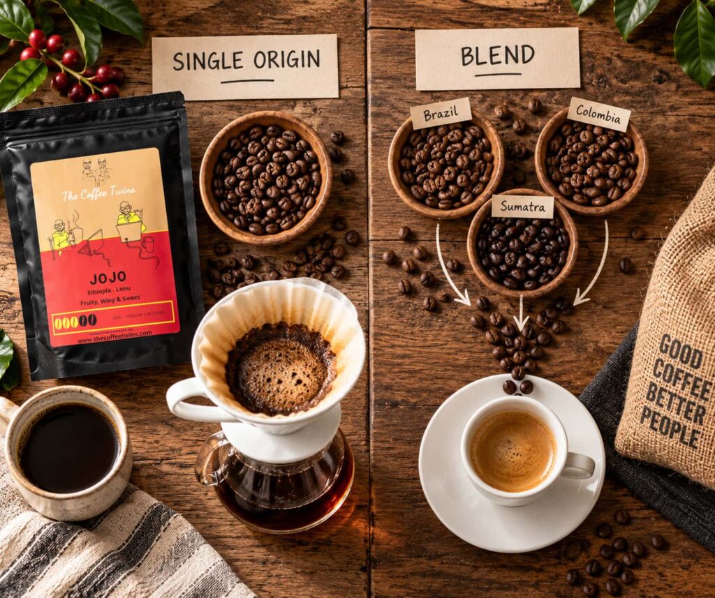 Single origin vs blended coffee comparison showing The Coffee Twins Jojo Ethiopian coffee with V60 pour over alongside a multi-origin espresso blend.