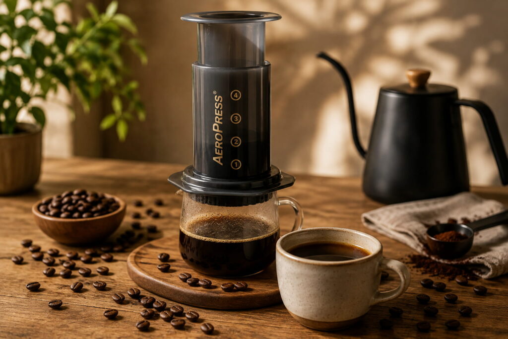 AeroPress coffee maker brewing fresh coffee into a glass carafe, surrounded by coffee beans, a cup and brewing equipment on a warm wooden table.