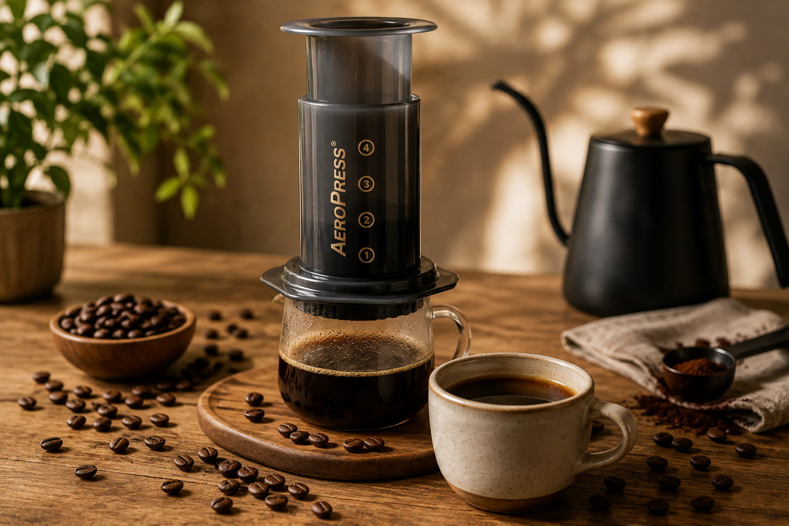 AeroPress coffee maker brewing fresh coffee into a glass carafe, surrounded by coffee beans, a cup and brewing equipment on a warm wooden table.