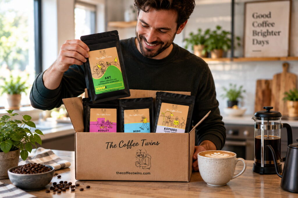 The Coffee Twins coffee subscription box with Ant, Audley, Bobo and Komodo speciality coffee bags being opened at home.