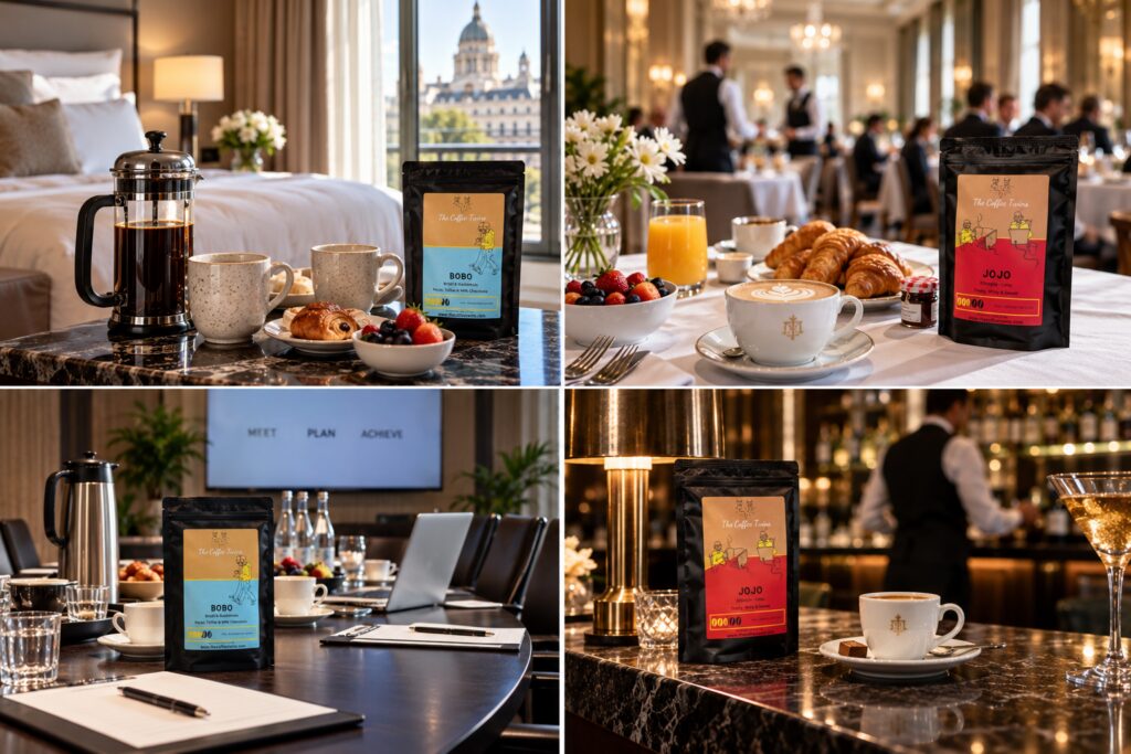 Luxury hotel coffee service featuring The Coffee Twins Bobo and Jojo speciality coffee across in-room, breakfast, meeting and hotel bar settings.