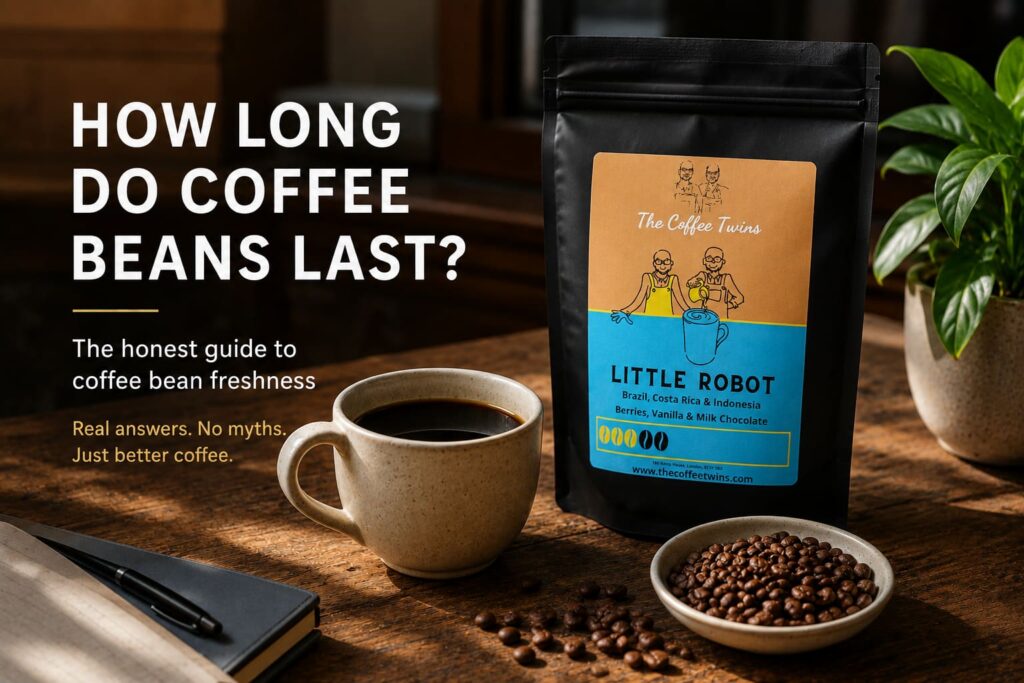 The Coffee Twins Little Robot coffee bag featuring a colourful illustrated design, with Brazil, Costa Rica and Indonesia coffee beans and berry, vanilla and milk chocolate tasting notes.