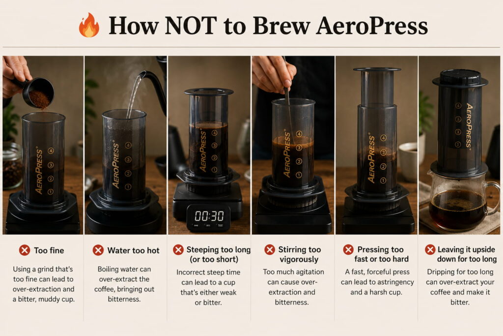 AeroPress brewing mistakes including coffee ground too fine, water too hot, incorrect steeping time, excessive stirring, pressing too hard and leaving the coffee to drip too long.