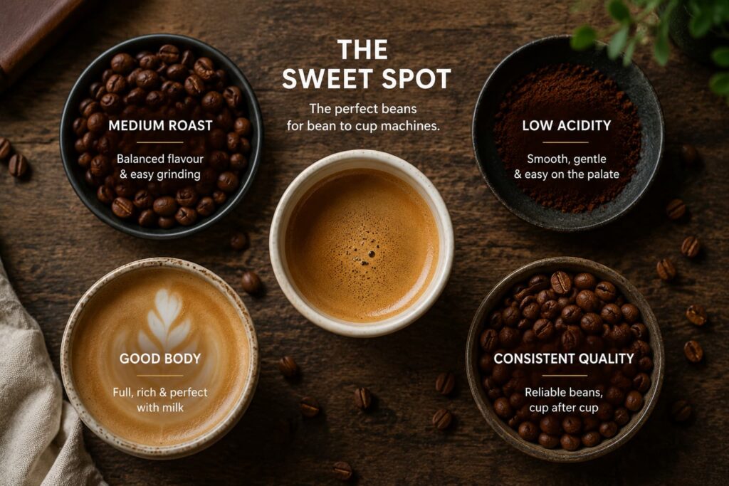 Coffee beans and freshly brewed coffee illustrating the ideal beans for bean-to-cup machines, featuring medium roast, low acidity, good body and consistent quality.