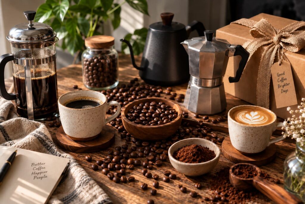Cozy coffee setup with freshly brewed coffee, roasted coffee beans, French press, moka pot and coffee gift box on a rustic wooden table.