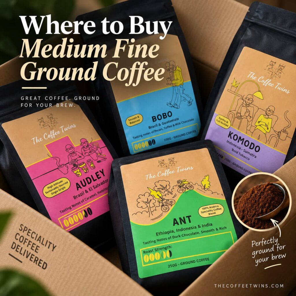 The Coffee Twins ground coffee bags in a box, featuring several blends and colourful packaging, illustrating where to buy medium-fine ground coffee for different brewing methods.