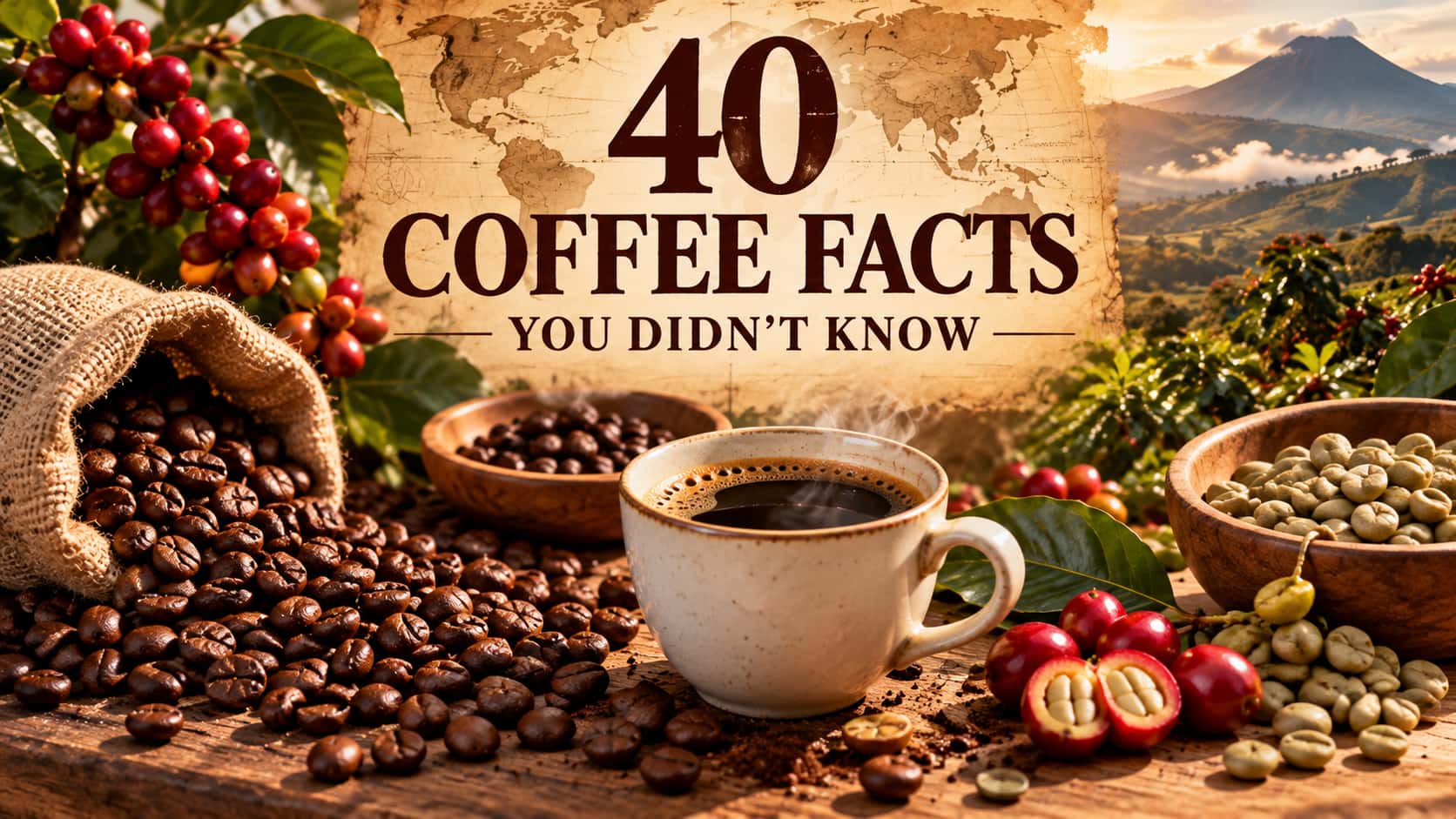 40 fascinating coffee facts illustrated with roasted coffee beans, red coffee cherries, green coffee beans, a steaming cup and a vintage world map.