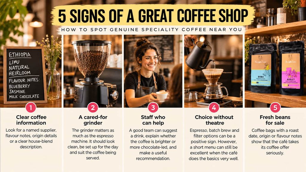 Five signs of a great speciality coffee shop, featuring coffee origins, clean grinders, knowledgeable baristas, brewing methods and The Coffee Twins Bobo and Audley beans.