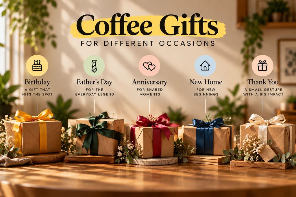 Coffee gifts for different occasions, including birthday, Father’s Day, anniversary, new home and thank you, displayed as beautifully wrapped gift boxes.