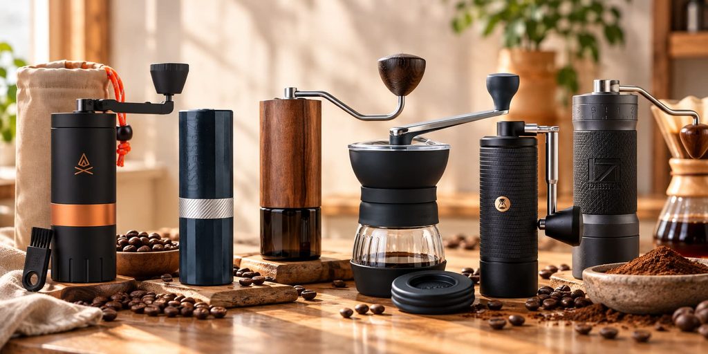 Six manual coffee hand grinders from VSSL, 1Zpresso, Comandante, Hario and Timemore displayed with coffee beans and ground coffee in a warm, stylish kitchen setting.