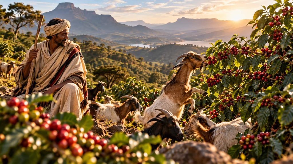 Ethiopian shepherd watching goats eat ripe red coffee cherries in the highlands of Ethiopia, illustrating the legendary origins of coffee.