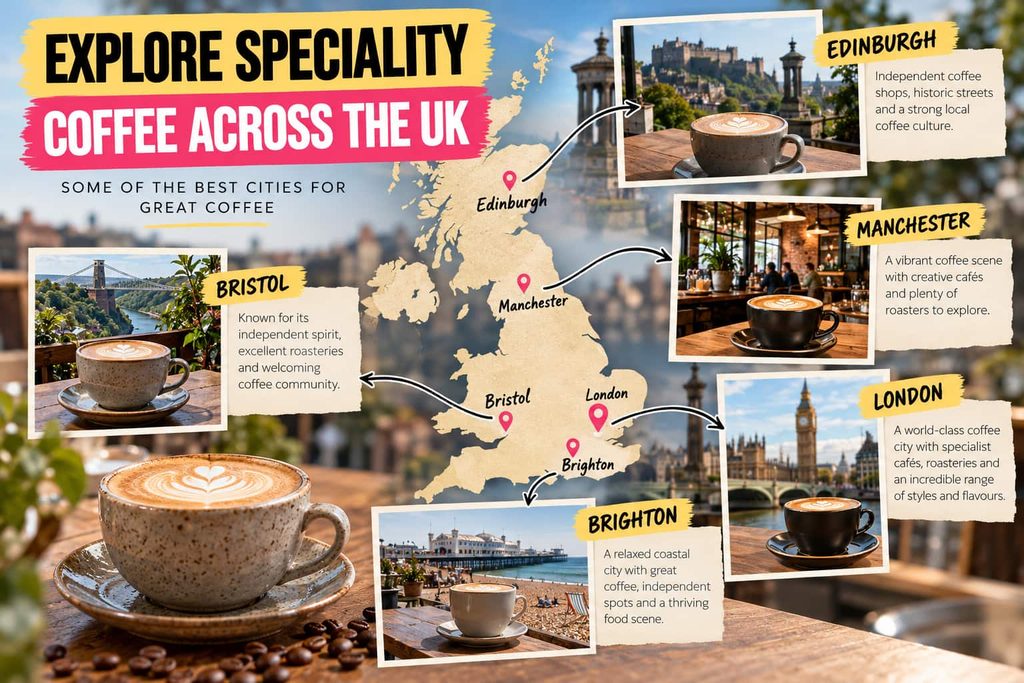 UK speciality coffee guide featuring a map of London, Bristol, Brighton, Manchester and Edinburgh, with café photography, latte art and iconic city landmarks.