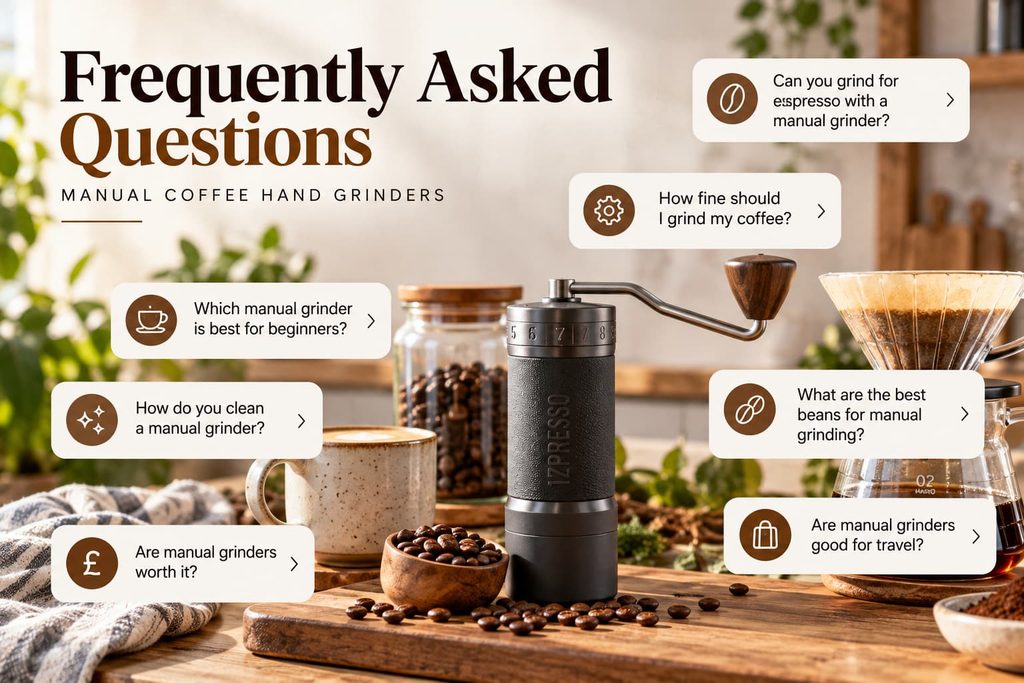 Manual coffee hand grinder FAQs covering espresso grinding, grind sizes, cleaning, beginner recommendations and travel, featuring a 1Zpresso grinder and pour-over coffee setup.