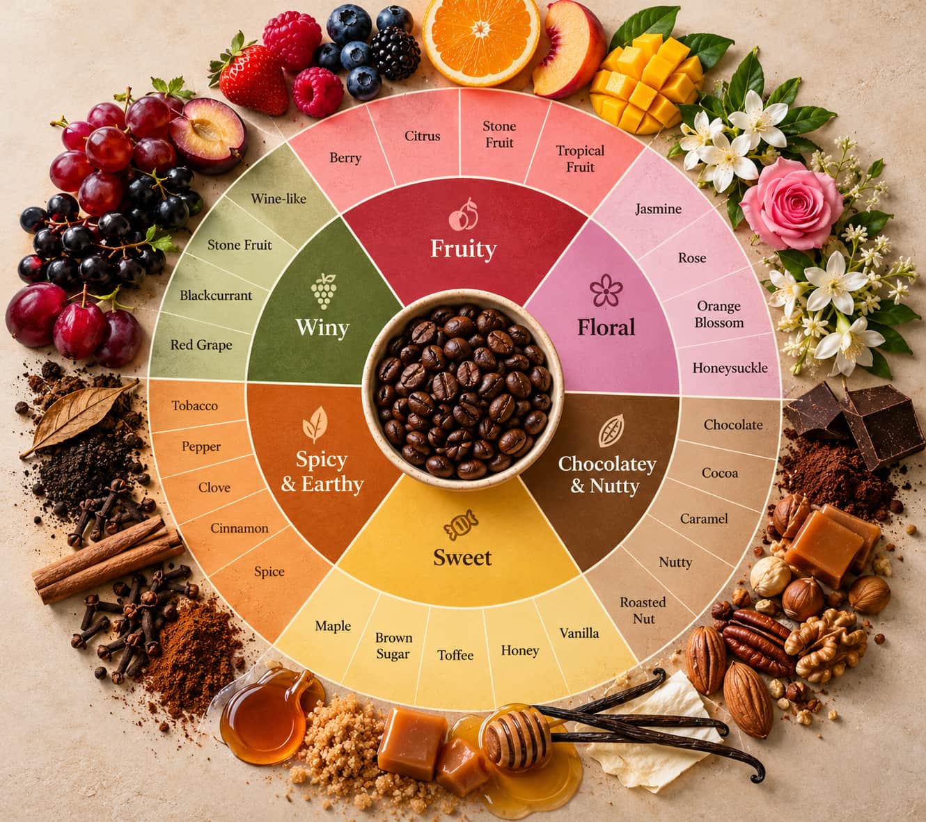 Coffee flavour wheel showing fruity, floral, chocolatey, nutty, sweet, spicy, earthy and winy tasting notes with coffee beans and natural ingredients.