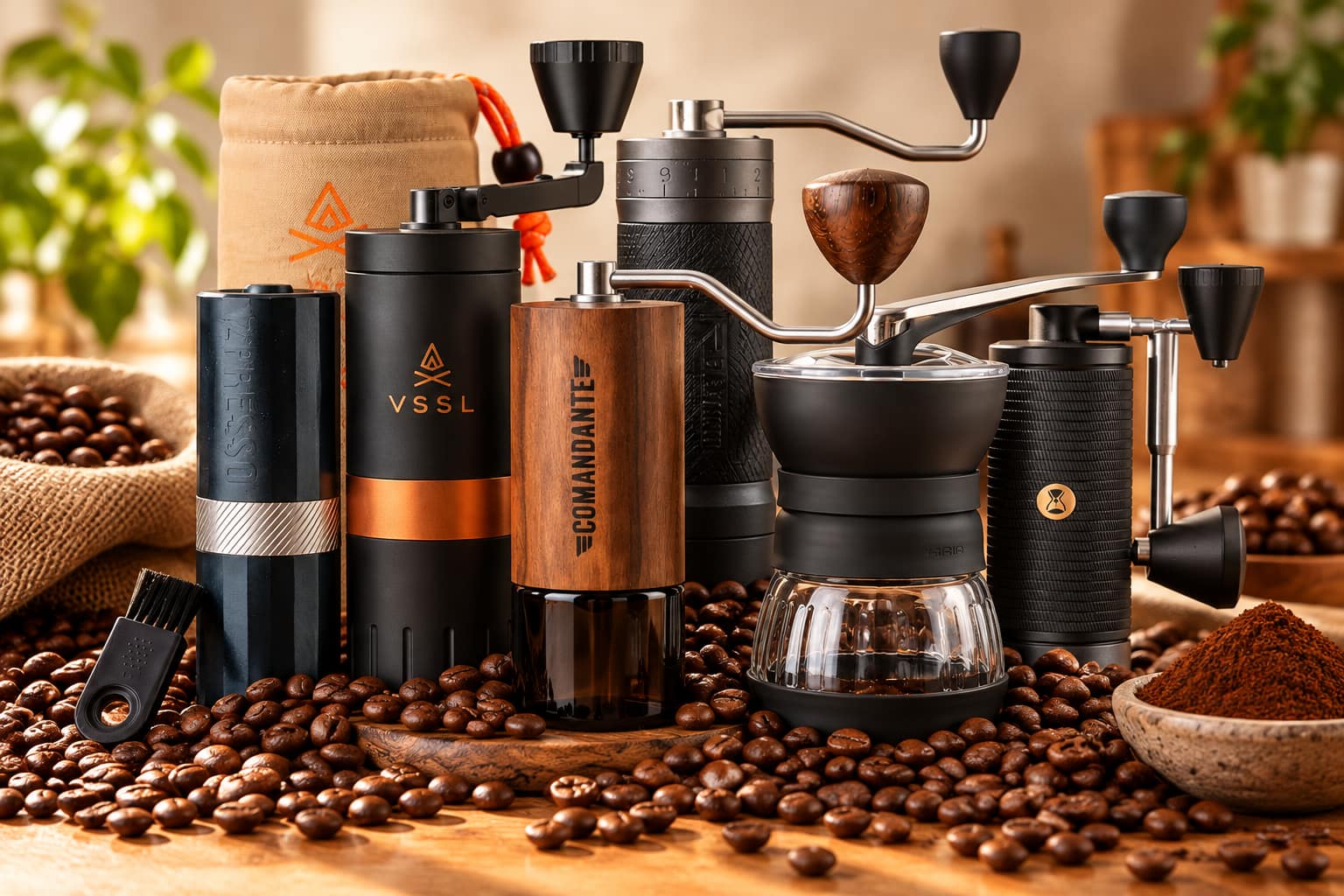 Six premium manual coffee hand grinders from 1Zpresso, Comandante, Hario, Timemore and VSSL arranged together on a wooden countertop, surrounded by roasted coffee beans and freshly ground coffee.