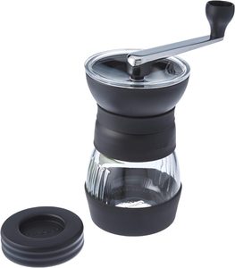 Hario Skerton Pro manual coffee hand grinder with ceramic burrs, stainless-steel crank handle, glass grounds container and non-slip silicone base.