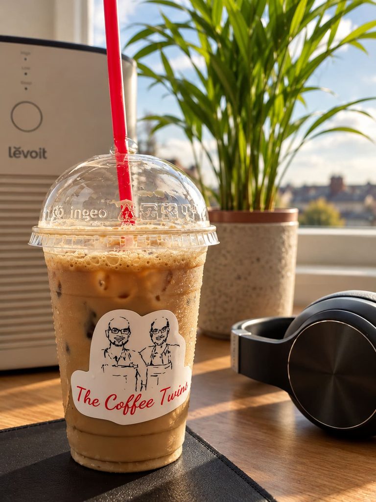 The Coffee Twins iced latte in a branded takeaway cup with red straw, served beside a sunny window with green plants and headphones.