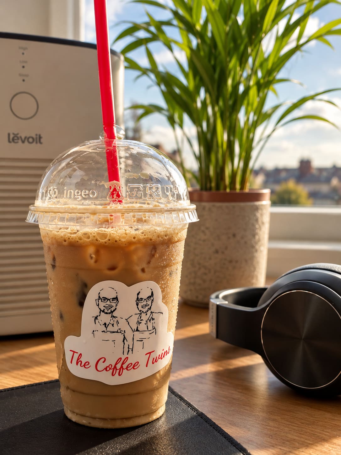 The Coffee Twins iced latte in a branded takeaway cup with red straw, served beside a sunny window with green plants and headphones.