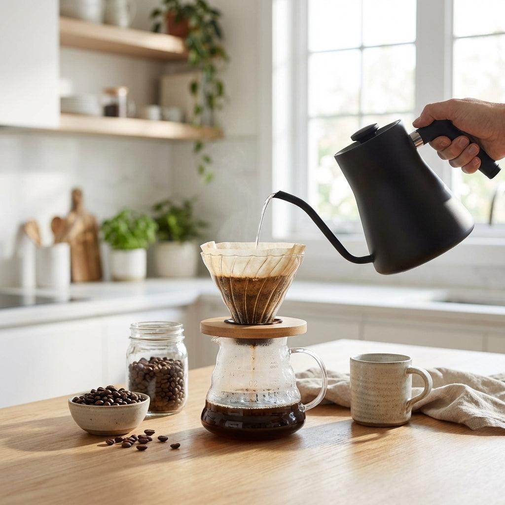 A beautiful, realistic home kitchen scene featuring a freshly brewed cup of black coffee, a white ceramic V60, a glass server, a stainless steel gooseneck kettle and a small bowl of coffee beans. Soft morning sunlight through a kitchen window, natural wooden worktop and subtle steam rising from the cup.