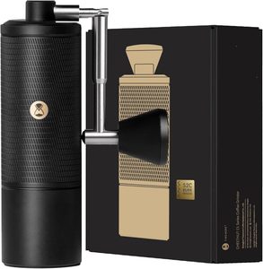 1Zpresso J-Ultra manual coffee hand grinder with adjustable grind settings, wooden handle, cleaning brush, air blower and protective travel case.