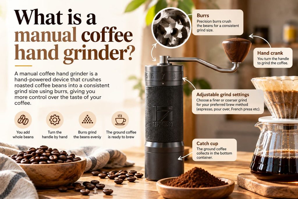 Manual coffee hand grinder infographic explaining burrs, adjustable grind settings, hand crank and grounds container, featuring a 1Zpresso grinder and pour-over coffee setup.