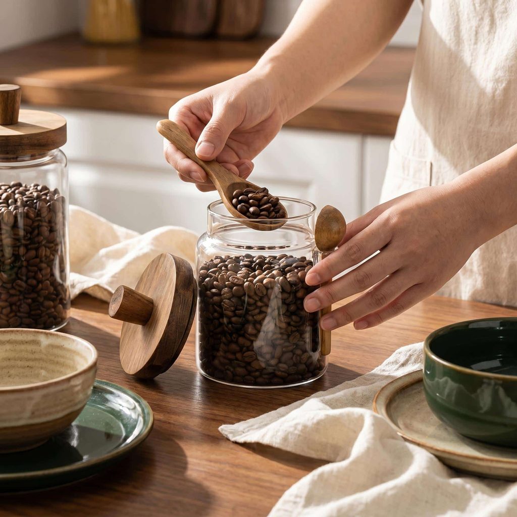 A close-up of freshly roasted coffee beans being poured into a glass storage jar, with a small coffee bag and a simple roast-date label visible nearby.