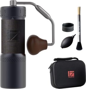 1Zpresso J-Ultra manual coffee hand grinder with adjustable grind settings, wooden handle, cleaning brush, air blower and protective travel case.