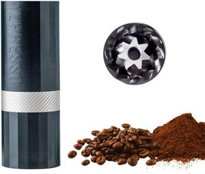 1Zpresso Q Air compact manual coffee hand grinder with stainless-steel burr mechanism, lightweight blue-grey body, roasted coffee beans and freshly ground coffee.