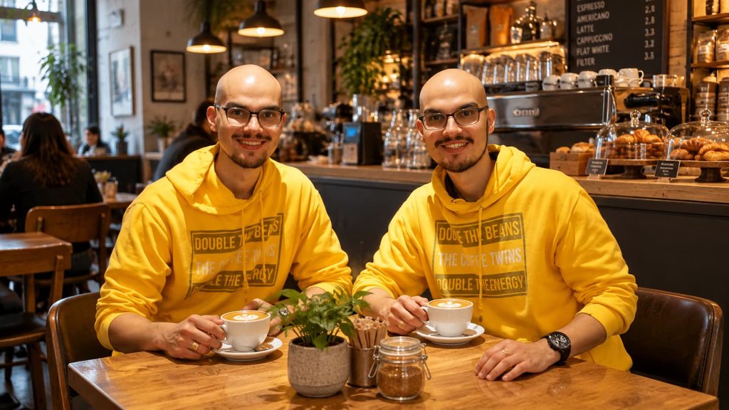 The Coffee Twins founders enjoying speciality coffee in a cosy London café, wearing matching yellow hoodies beside freshly brewed cappuccinos.