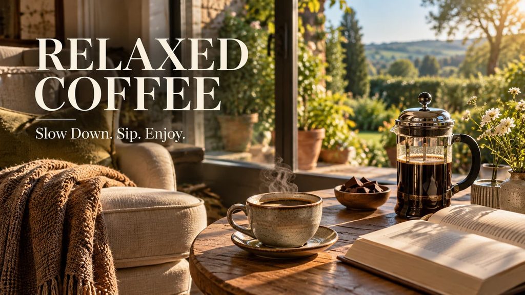 Relaxed coffee moment in a cosy countryside home, featuring a steaming ceramic coffee cup, glass cafetière, open book and warm morning sunlight overlooking an English garden.
