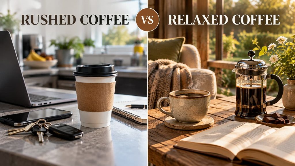 Rushed coffee vs relaxed coffee comparison, showing a busy morning with takeaway coffee and laptop beside a peaceful coffee ritual with cafetière, ceramic cup and open book.